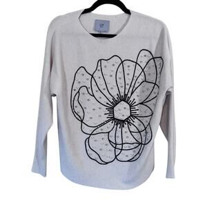 LIV Milano Cream Black Flower Print Rhinestone Pearl Sweater Womens S Casual